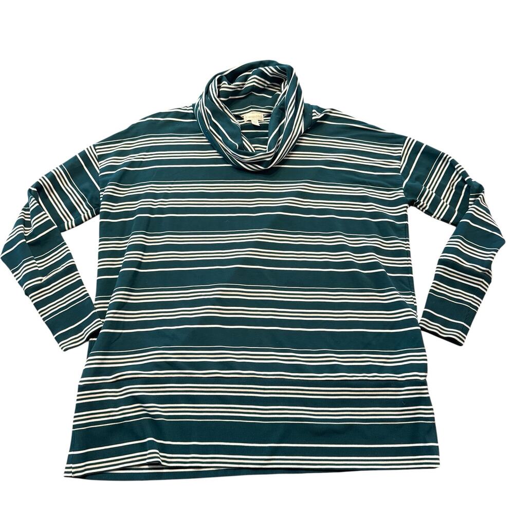 Garnet Hill Ladies Green/white/tan striped cowl neck knit tunic top, Size S